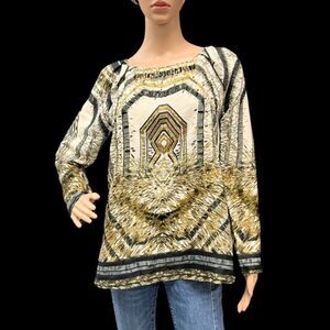 ECI New York Women's Chiffon Top Tunic Long Sleeve BOHO Beaded Sz S